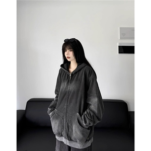 美式复古水洗做旧连帽拉链卫衣男女2025秋季新款宽松百搭外套上衣图片