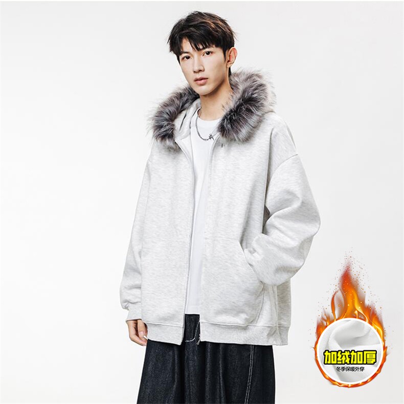 480G重磅加绒硬挺boxy秋冬美式高街超大毛领座山雕连帽卫衣厚外套，女装短外套，电商A486