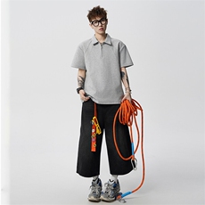 半拉链短袖polo衫男生夏季纯色简约落肩袖宽松T恤复古半袖上衣服，男装T恤，电商A073