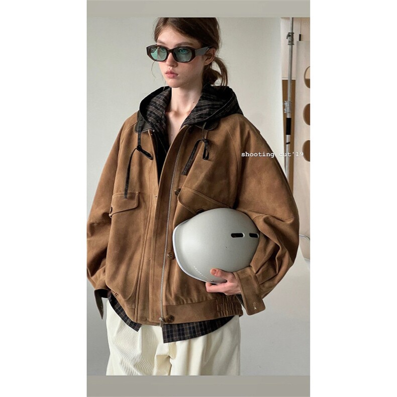 美式潮中古感’做旧麂皮绒重工撞色翻立领复古皮衣外套JKK39 P85图片