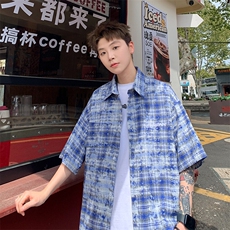 2026夏美式扎染刺绣格子短袖衬衫衬衣五分袖CS1806/特P35蓝色2，男装T恤，电商A094