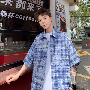 2026夏美式扎染刺绣格子短袖衬衫衬衣五分袖 CS1806/特P35 蓝色2图片