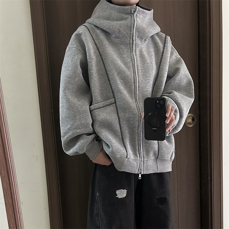 抖音得物高品质秋冬美式高街重磅结构辑明线纹理连帽卫衣外套W111,男装卫衣,电商A486
