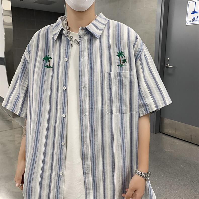 F324-P36夏季新款百搭半袖衬衣外套日系潮牌条纹短袖衬衫男现货,男装衬衫,星座512-6
