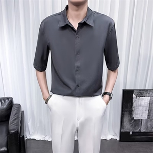 冰丝短袖衬衫男商务休闲免烫半袖衬衣夏季宽松五分半袖寸衫 D6图片