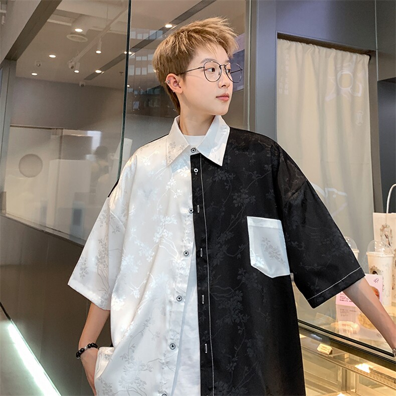 冰丝提花衬衫双拼色短袖港风休闲上衣XZ907-P30-控48，男装衬衫，星座907