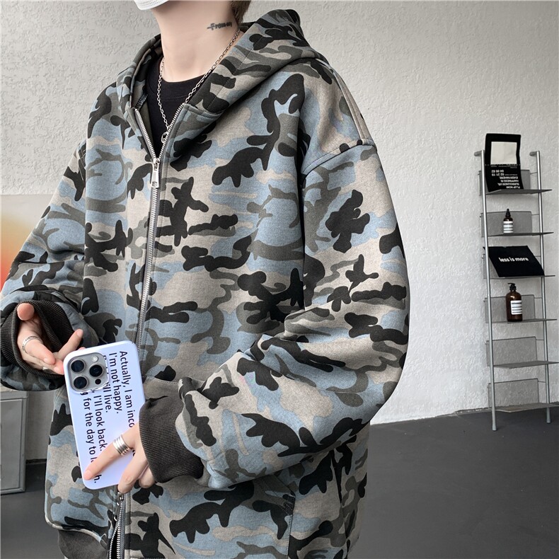 秋冬美式高街迷彩重磅400g双层华棉休闲开衫连帽卫衣外套WY07/P68图片