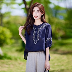 文艺复古刺绣七分袖衬衫女2025夏季新款宽松显瘦气质休闲百搭上衣，女装衬衫，靓衣阁