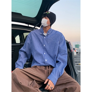 美式复古格子衬衫男高街休闲情侣长袖衬衣宽松上衣C2263-特价P33图片