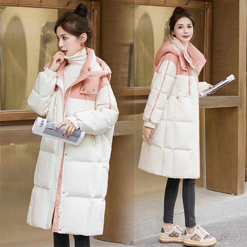 时尚拼色羽绒棉服女中长款冬季2024新款宽松休闲加厚棉衣棉袄外套，女装棉衣/棉服，雅佳俏