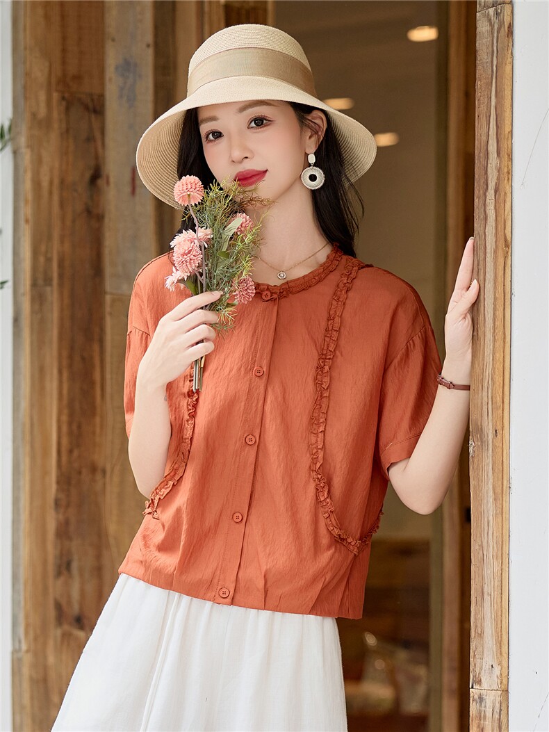 木耳花边拼接圆领上衣女2026夏装新款休闲宽松小衫百搭减龄衬衫,女装衬衫,余墨