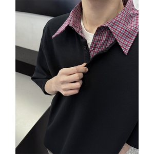 8XL-M格纹拼接假两件短袖t恤大码美式重磅polo翻领半袖DX1218/P48图片