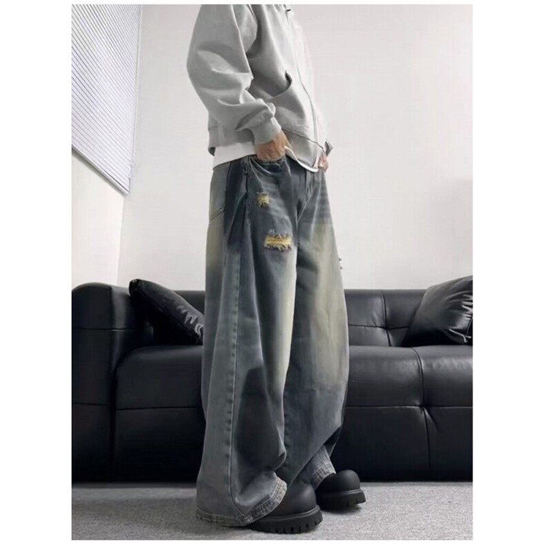 【有货】美式复古小众泼墨直筒休闲弯刀牛仔裤NZ06098P55,男装牛仔裤,星座1004（原星座815-3）