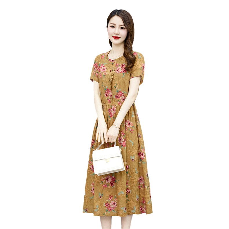 碎花棉麻连衣裙女夏季薄款2025新款收腰显瘦洋气减龄高端亚麻裙子,女装连衣裙,倪叶myz
