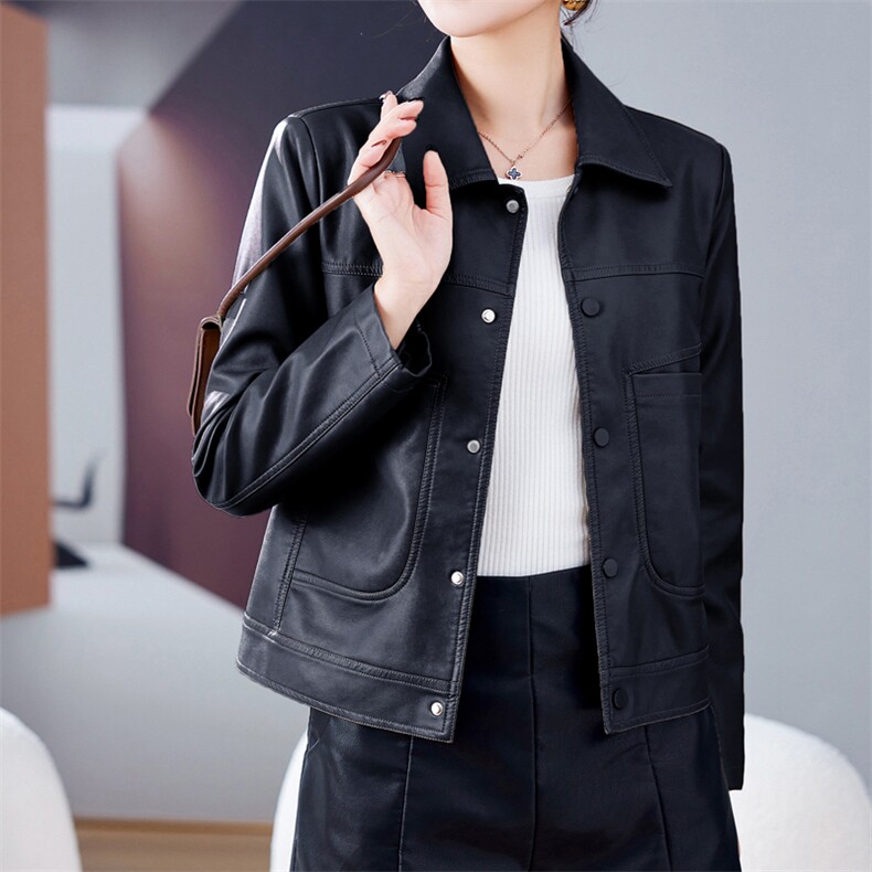皮衣外套女2023年春季新款洋气减龄百搭小个子口袋短款夹克上衣潮,女装皮衣,江南女神