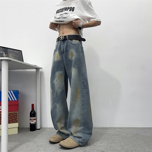 美式高街慵懒宽松裤子男设计感高级感废土风泼墨牛仔裤N708-P50图片