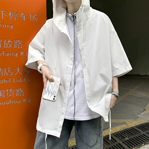 美式街头衬衫男oversize连帽冰丝短袖衬衣夹克外套MWJ52P35图片