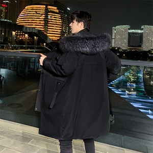 现货足 连帽大毛领织带大长款情侣学生团体服团建服纯色羽绒服图片