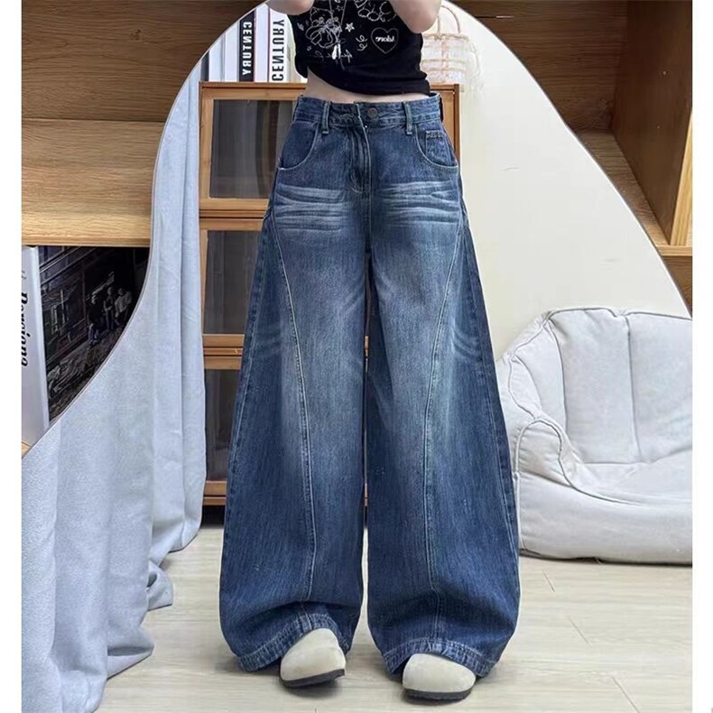 美式水洗阔腿弯刀牛仔裤女2025夏季新款高街宽松显瘦直筒镰刀裤子,男装牛仔裤,星座1210-1