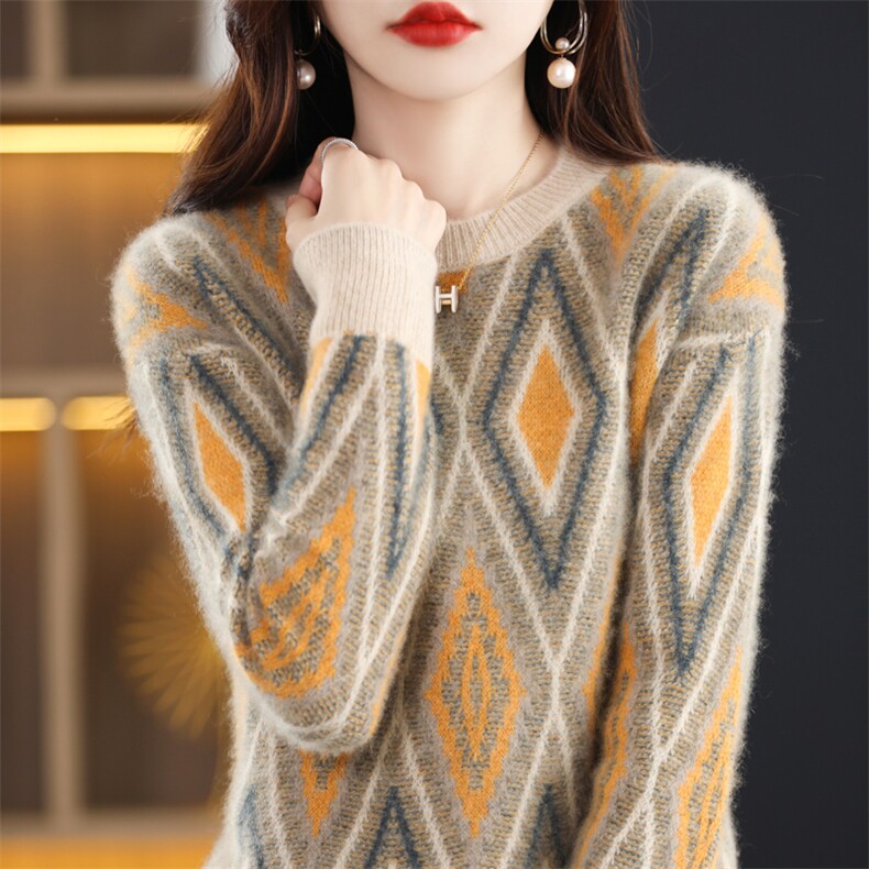 优雅气质几何图案衫女宽松显瘦长袖针织毛衣，女装羊毛衫，琳华羊绒