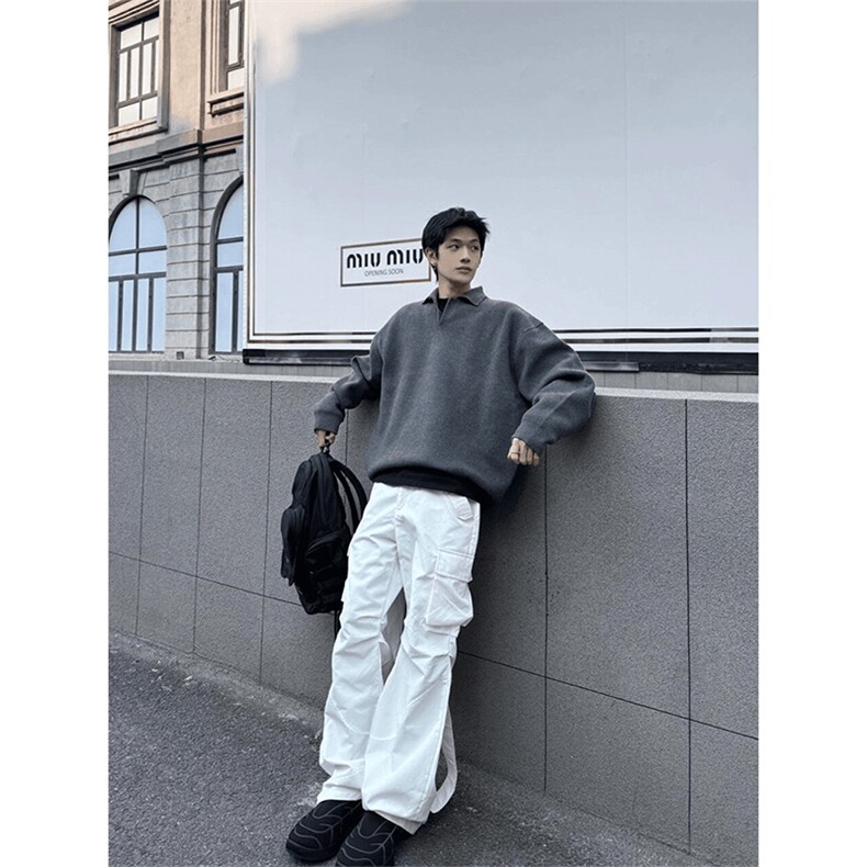 重磅冬北极绒老钱风亨利领毛衣美式复古休闲慵懒风纯色翻领针织衫,男装针织衫/毛衣,电商A443