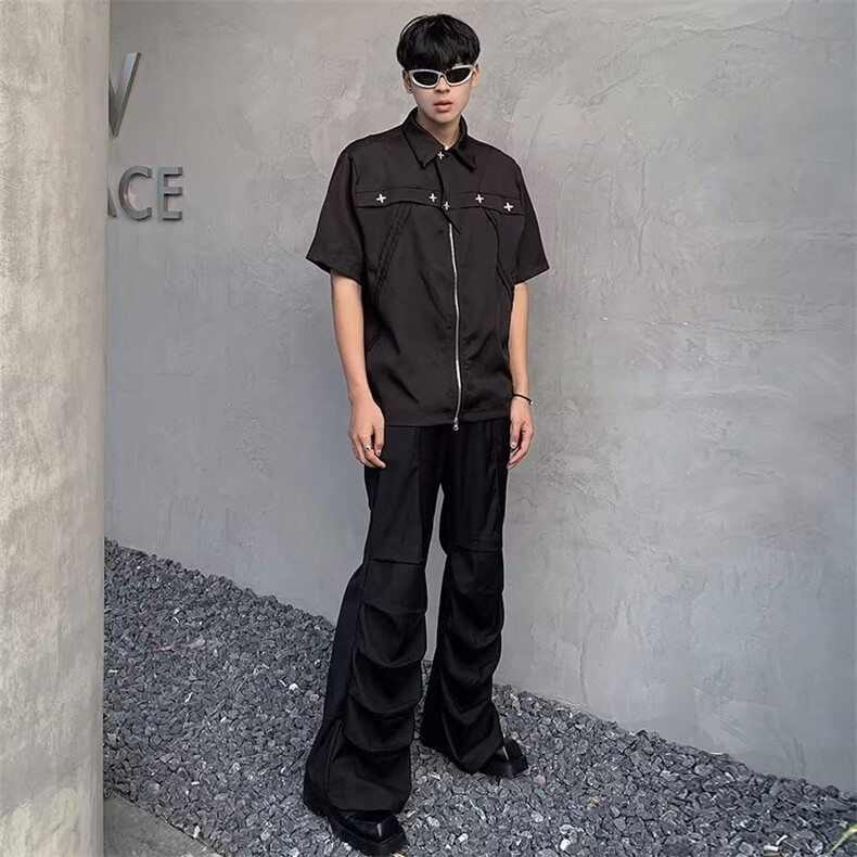 设计感拼接拉链星星短袖衬衫男女夏季美式街头vibe风小众痞帅衬衣,男装衬衫,星座601-2