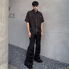 设计感拼接拉链星星短袖衬衫男女夏季美式街头vibe风小众痞帅衬衣，男装衬衫，星座601-2