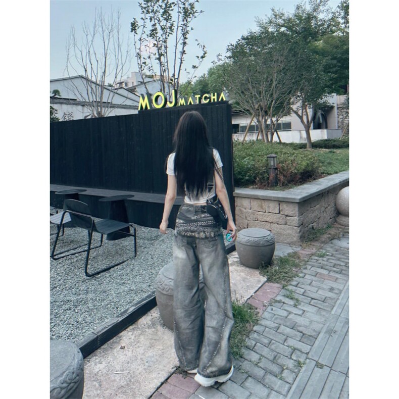 美式腰带印花复古弯刀牛仔裤高街风男女【现货】Y7096P53,男装牛仔裤,星座1112-1