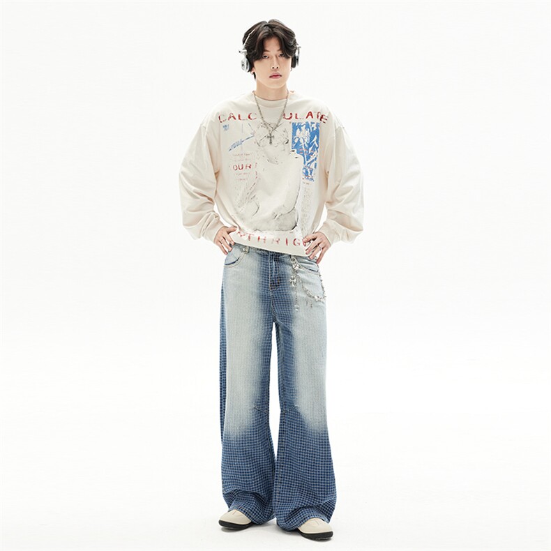 嘻哈美式渐变宽松阔腿格子裤男女潮牌vibe设计感牛仔裤YD9086-P80,男装牛仔裤,星座509