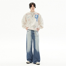 嘻哈美式渐变宽松阔腿格子裤男女潮牌vibe设计感牛仔裤YD9086-P80，男装牛仔裤，星座509