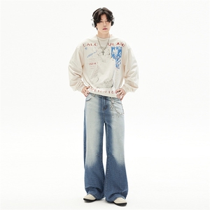 嘻哈美式渐变宽松阔腿格子裤男女潮牌vibe设计感牛仔裤YD9086-P80图片