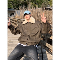现货美式宽松浅棕色翻领拼接夹棉夹克男JK162/P100，男装夹克，星座205-3