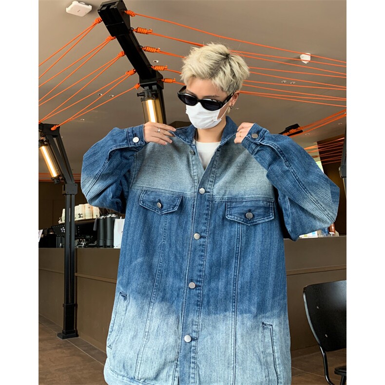美式渐变牛仔外套男春秋季vibe潮牌痞帅宽松百搭休闲翻领夹克图片