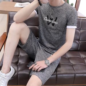 夏季短袖套装t恤男圆领休闲短裤男两件套印花运动卡TZ369P20