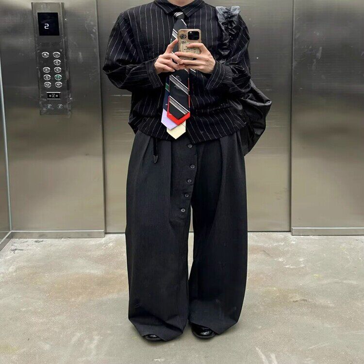 新款美式复古环形纽扣西装裤子男女春季慵懒高级松弛宽松拖地长裤，男装西服套装，星座218-8