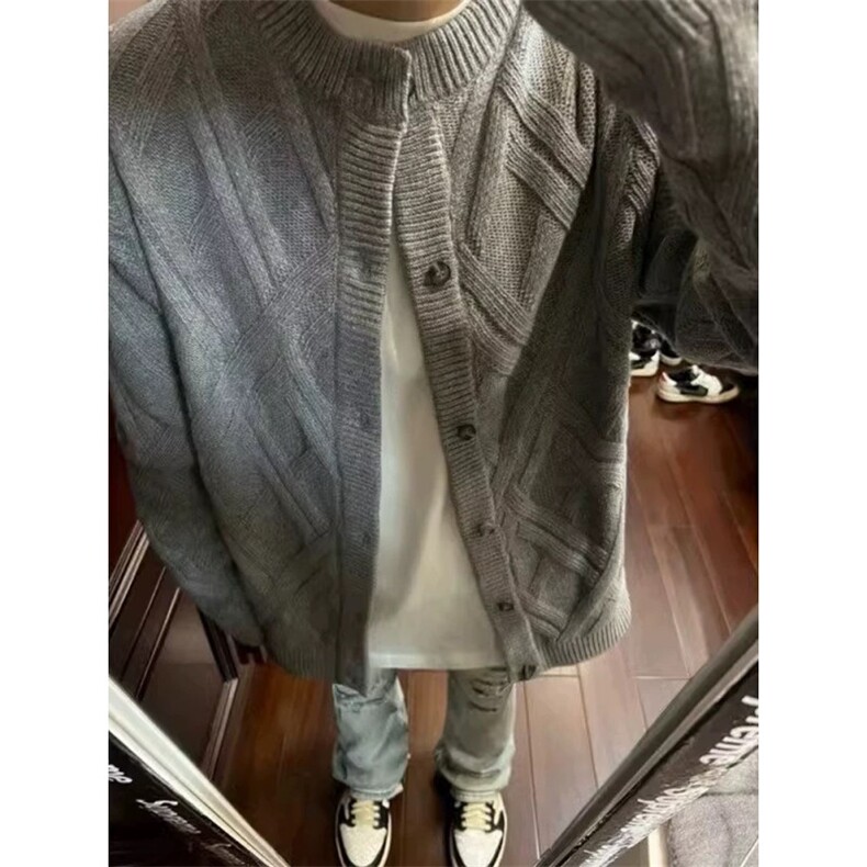 菱形灰色圆领针织开衫慵懒风宽松休闲叠穿百搭毛衣外套ZZS103P65,男装针织衫/毛衣,电商D256A(原A064A)