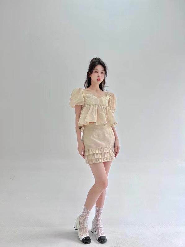 泡泡袖娃娃领套装，女装职业装，HE