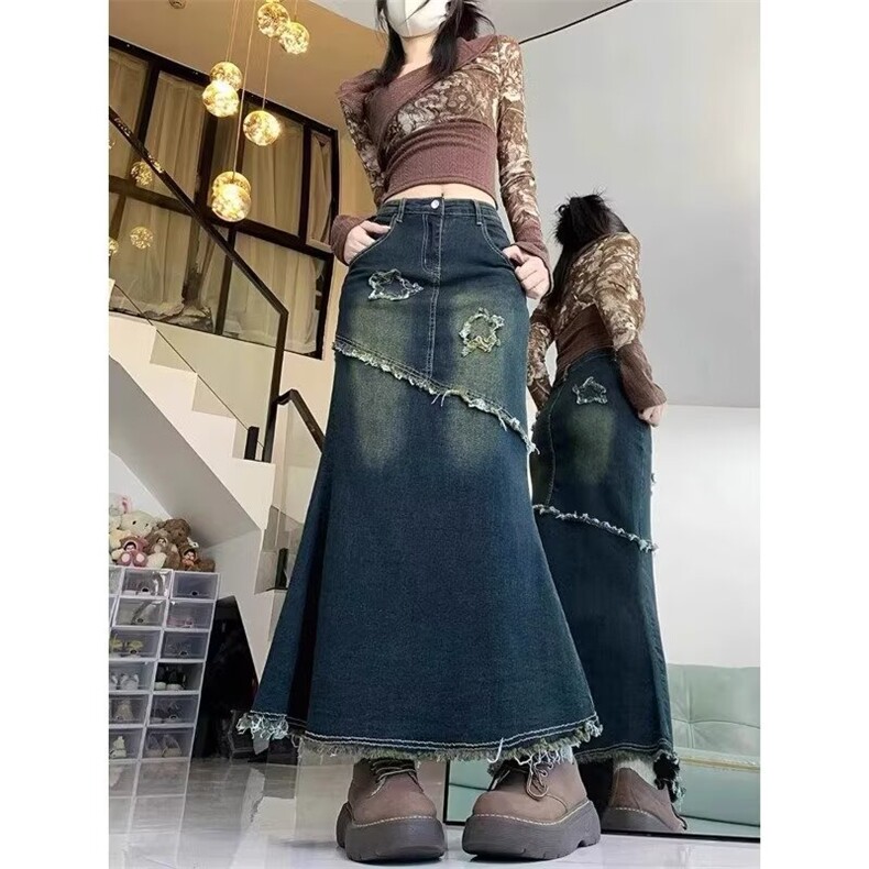 潮流无品牌新款大美版型立裁拼接鱼尾高腰弹力牛仔半裙原宿百搭,女装半身裙,星座1210-1