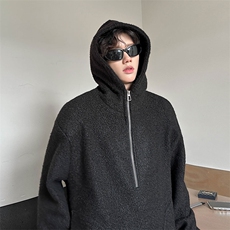 羊羔毛呢连帽卫衣垫肩秋冬高领拉链设计潮牌外套871P88，女装短外套，电商A458A