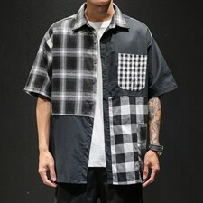 格子衬衫男oversize宽松撞色复古不对称拼接衬衣外套潮TX1908-P40，男装衬衫，电商A128