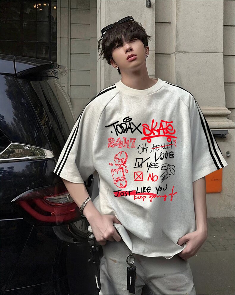 抖音得物高品质二开240克宽松纯棉美式潮牌三条杠织带短袖T恤,男装T恤,电商A486-1