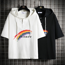 LD54064-P45连帽短袖t恤男大码胖子带帽五分袖中袖网格挂拍，男装T恤，电商A040A