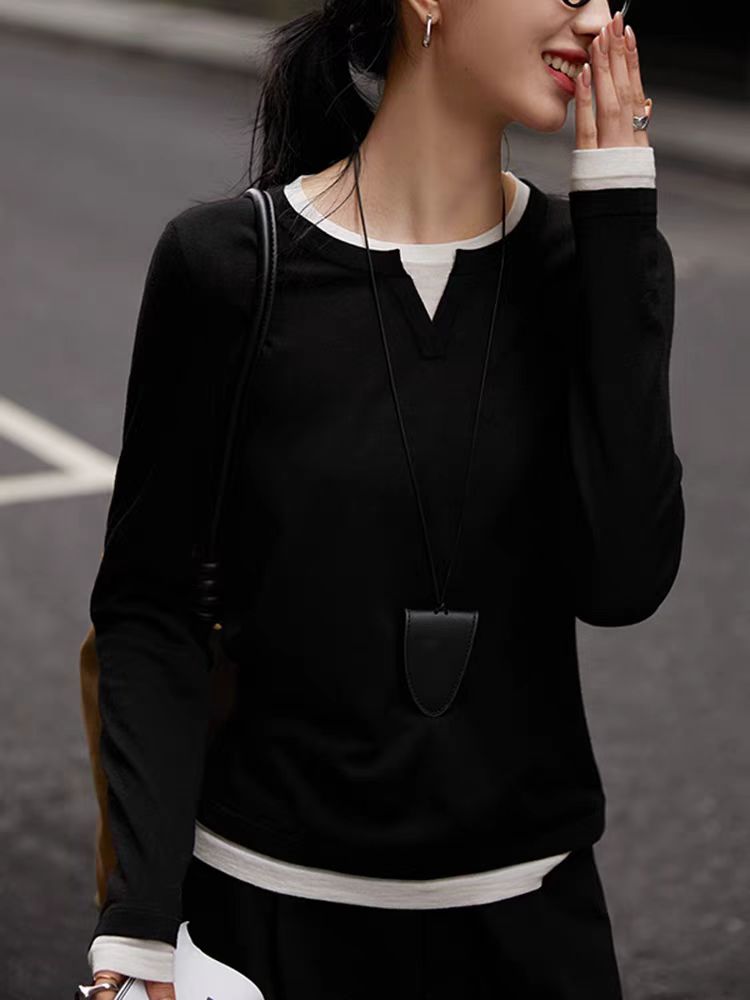 秋冬新款羊毛衫女针织打底衫假两件拼色毛衣长袖显瘦百搭外搭上衣,针织衫/毛衣,狄美羊绒