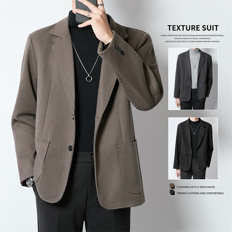 秋冬加厚毛呢休闲西服套装男保暖韩版高级感宽松西装外套男单西潮，男装西服套装，星座813-2