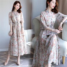 妈妈连衣裙高贵洋气中长款夏季新款高端大码民族风复古气质a字裙L，女装连衣裙，木橙西子