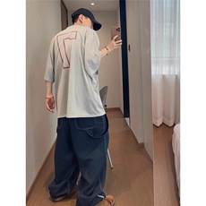 夏季复古宽松运动网眼镂空数字印花大短袖T恤男情侣TK42-P37，男装T恤，星座208-5