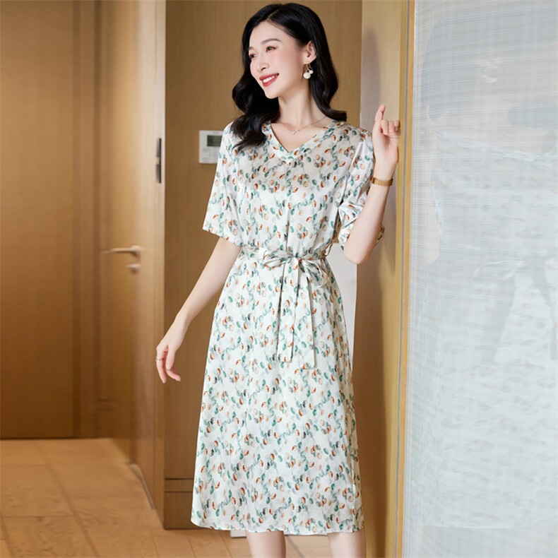 假两件碎花真丝连衣裙女夏季短袖郁金香印花桑蚕丝荷叶边裙子气质,女装连衣裙,阿舍尔精品