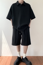 特批P65无差价夏季美式拼接亨利领重磅曼巴棉短袖短裤男TZ5147，男装休闲套装，电商A001-1