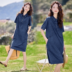 夏装休闲宽松中长款短袖连衣裙，女装连衣裙，文熹诺