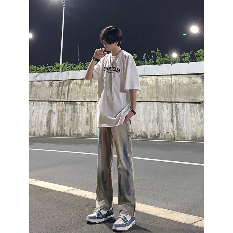 新款美式高街大码破洞涂鸦黄泥色牛仔工装裤货号K641P60图片